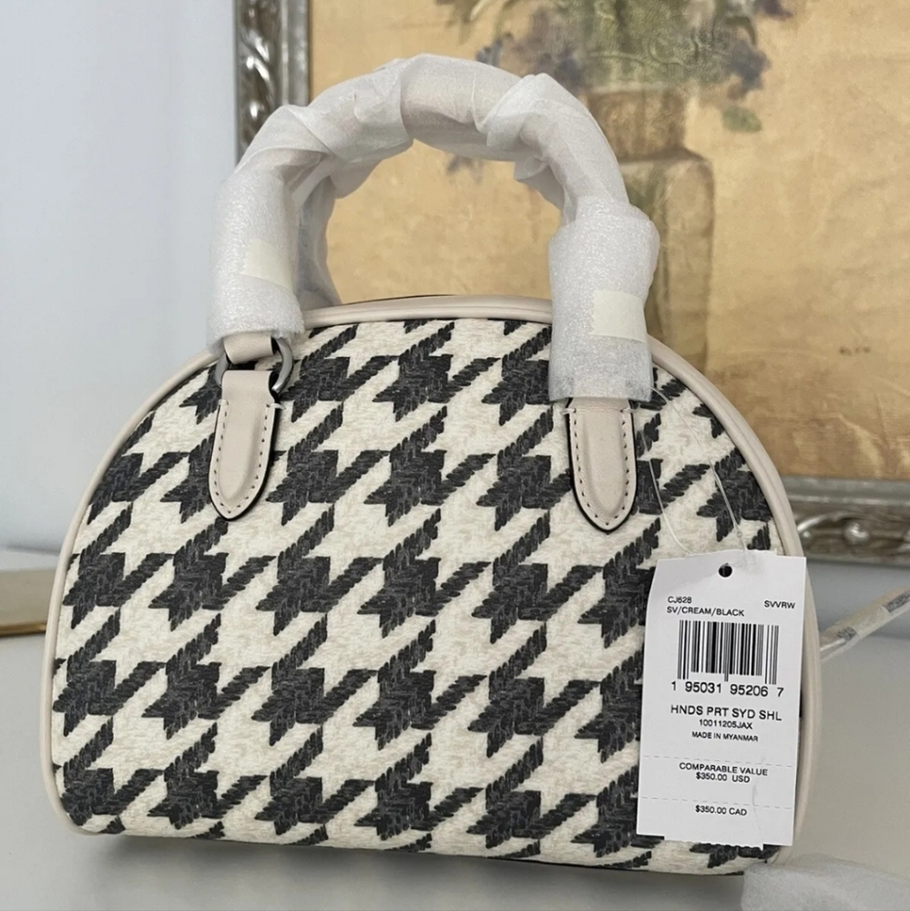 New COACH Silver/Cream/Black Sydney Satchel With Houndstooth Print - Picture 2 of 9